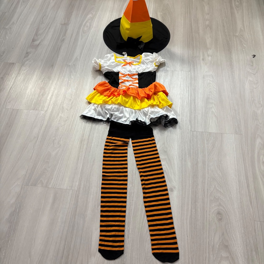 Candy Corn Witch Girl Costume Dress Hat Tights Halloween Cosplay Size Small